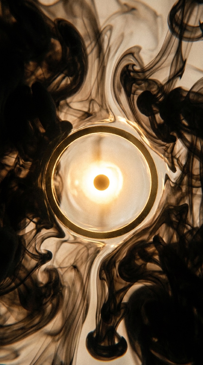 Œuvre à l'encre noire rehaussée d'or, matière liquide et dorée sur fond sombre