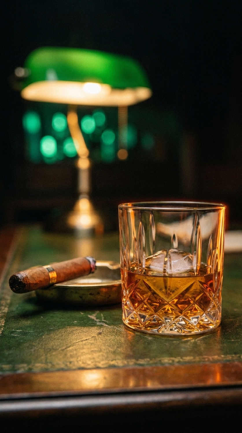 Verre de whisky éclairé par une lampe de banquier verte, lumière chaude et confidentielle