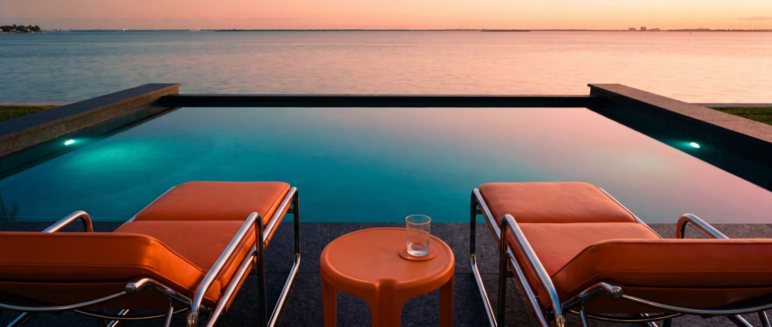 Piscine à débordement au crépuscule, ligne d'eau infinie fondue dans le ciel